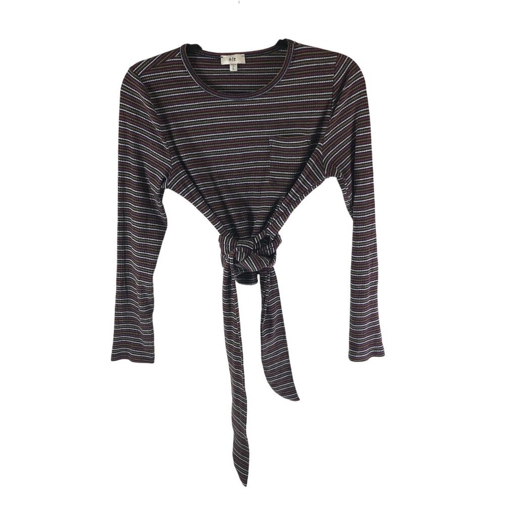 nlt Womens Top Tie Waist Ribbed Striped Long Sleeve Pocket Black Red Yellow L